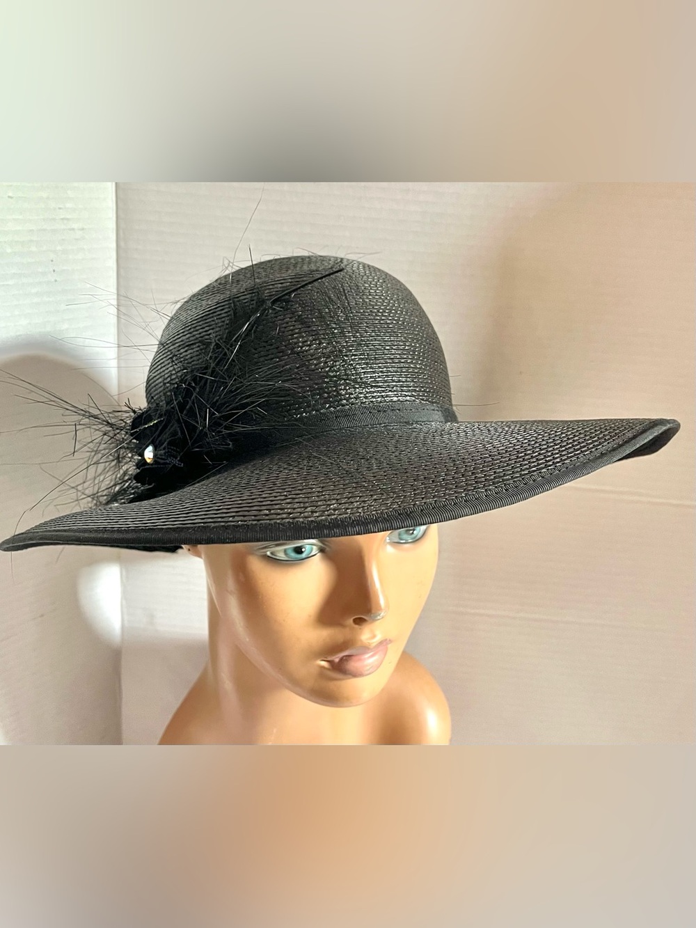 Sandra New York Vintage MCM Black Woven Straw Wide Brim Hat